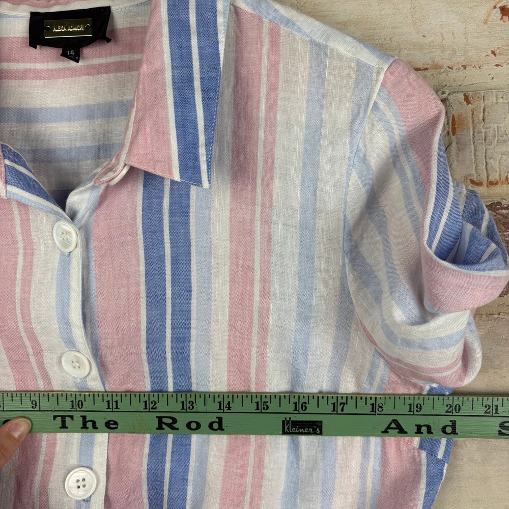 Alexa Admor Linen Cotton Tie Front Striped Coastal Resort Blouse - Picture 7 of 8